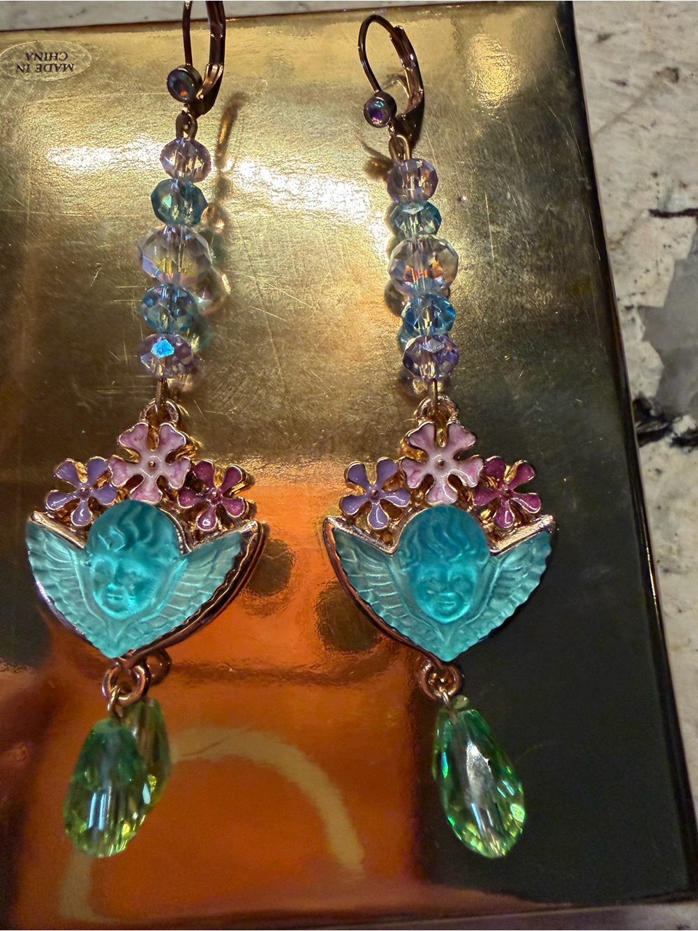 Kirks Folly Turquoise Angel Face Drop Earrings with Pink Flower Accents